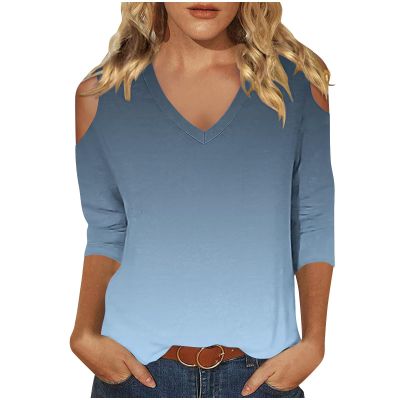 3/4 Length Sleeve Womens Tops Sexy Off The Shoulder Tops for Women Summer V Neck T-Shirt Solid Color/Graphic Tees 2025 Casual Clothes Business Dressy Top Trendy Going Out Shirts Boho Fashion Cute
