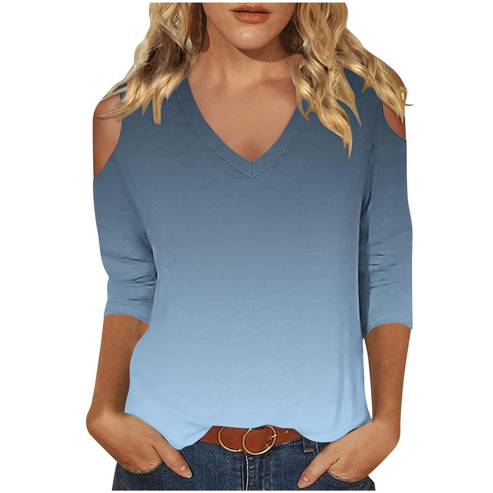 3/4 Length Sleeve Womens Tops Sexy Off The Shoulder Tops for Women Summer V Neck T-Shirt Solid Color/Graphic Tees 2025 Casual Clothes Business Dressy Top Trendy Going Out Shirts Boho Fashion Cute
