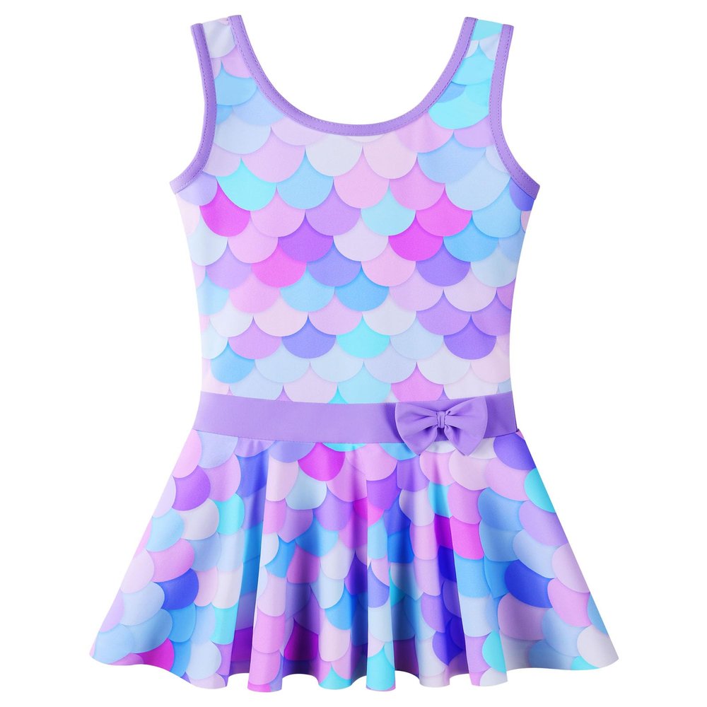 Girls Swimsuit One Piece UPF 50+ Floral Skirted Bathing Suit Modest Beach Swim Dress S458_PurpleScale_92/98
