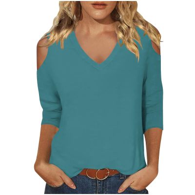 3/4 Length Sleeve Womens Tops Sexy Off The Shoulder Tops for Women Summer V Neck T-Shirt Solid Color/Graphic Tees 2025 Casual Clothes Business Dressy Top Trendy Going Out Shirts Boho Fashion Cute