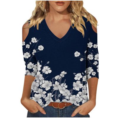 3/4 Length Sleeve Womens Tops Sexy Off The Shoulder Tops for Women Summer V Neck T-Shirt Solid Color/Graphic Tees 2025 Casual Clothes Business Dressy Top Trendy Going Out Shirts Boho Fashion Cute