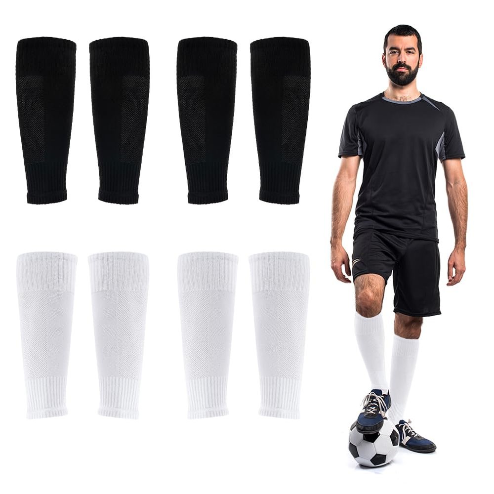 Ukontagood 4 Pairs Leg Sleeves for Soccer Socks, Shin Guard Sleeves to Accompany Anti-Slip Socks, Soccer Sleeve Socks for Youth Adults (White+Black)