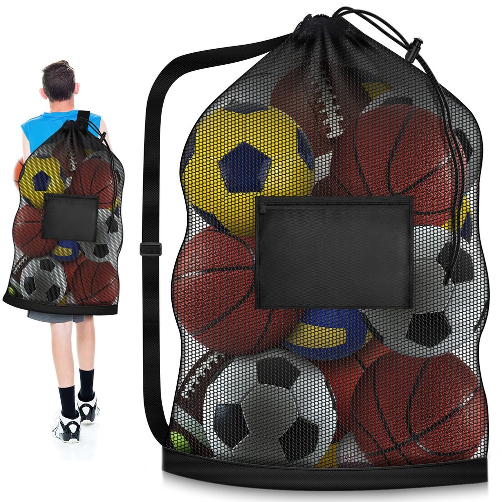 Hoiny Extra Large Soccer Ball Bag, 40" x 30" Drawstring Mesh Ball Bag with Pocket, Heavy Duty Sport Net Sack for Coaches, Storage Bag for Basketball, Volleyball, Gym Equipment, Swimming Gear (2)