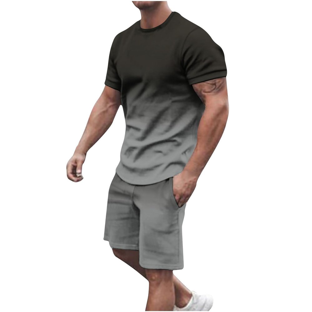 NineFit Basics today 2024 Mens Casual 2 Piece Outfits Summer Fashion Gradient Color Short Sleeve Athletic Shirt and Drawstring Shorts Sweatsuit prime of day deals Black 4X