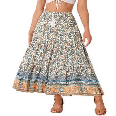 Allegra K Boho Skirt for Women's Casual Peasant Floral Bohemian Tassels Elastic Waist Maxi Skirts Large Beige