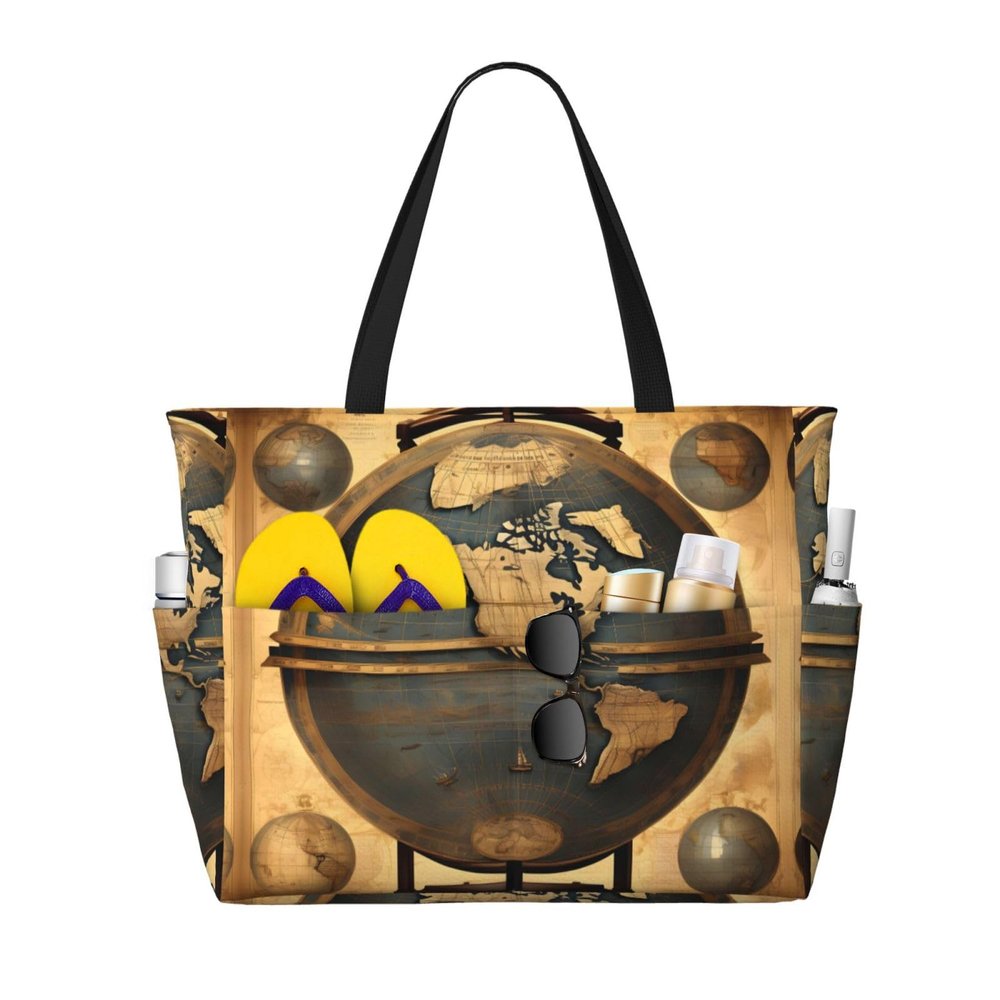 SDEGTHO MDATT Ancient World Globe Beach Bags for Women, Large Beach Tote Bags Beach Bag with Zipper Swim Pool Bag