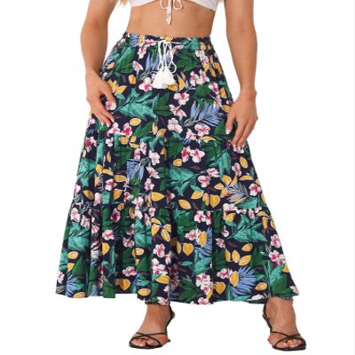 Allegra K Boho Skirt for Women's Casual Peasant Floral Bohemian Tassels Elastic Waist Maxi Skirts Small Dark Blue