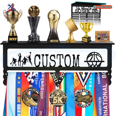 Goutoports Personalized Medal Hanger Display Rack for Awards and Trophies - Custom Metal Holder for Your Multiple Sports Race Medals - Easy to Install Basketball Medal Display Holder Ribbons Hanger