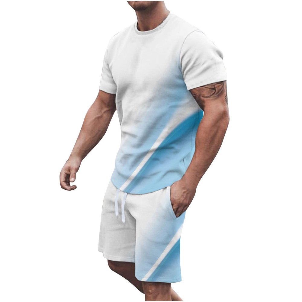 NineFit Basics today 2024 Mens Casual 2 Piece Outfits Summer Fashion Gradient Color Short Sleeve Athletic Shirt and Drawstring Shorts Sweatsuit amazon outlet clearance of sales today Light Blue 4X