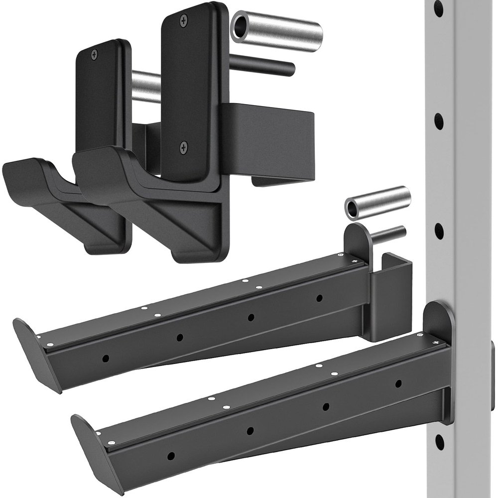 Kipika Safety Spotter Arms and J-Hooks for 2" x 2" Power Racks with 5/8" or 1" Hole - Heavy Duty Barbell Holders and Catches with Rubber Pads - Power Rack Attachments for Squat, Bench Press and More
