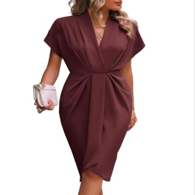 chouyatou Women Elegant Party Business Casual Dress Pencil Short Sleeve Wrap V Neck Bodycon Midi Work Dress (Medium,Dark Red)