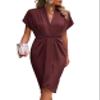 chouyatou Women Elegant Party Business Casual Dress Pencil Short Sleeve Wrap V Neck Bodycon Midi Work Dress (Medium,Dark Red) view 1