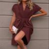 chouyatou Women Elegant Party Business Casual Dress Pencil Short Sleeve Wrap V Neck Bodycon Midi Work Dress (Medium,Dark Red) view 2