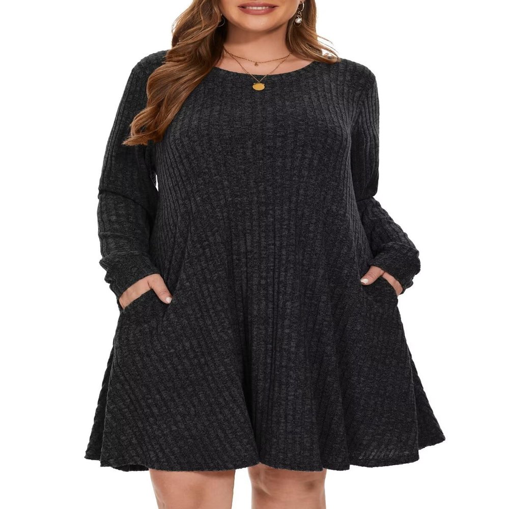 BELAROI Sweater Dress Plus Size Dresses for Curvy Women Long Sleeve Crew Neck Casual Tunic Fall Winter Oufits Pockets (5X, Dark Gray)