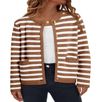 Dokotoo Brown Cardigan Sweaters for Women 2026 Fashion Trendy Loose Casual Fall Clothes Long Sleeve Open Front Long Chunky Cable Knit Striped Cardigan Sweater Winter Outerwear Coat Small
