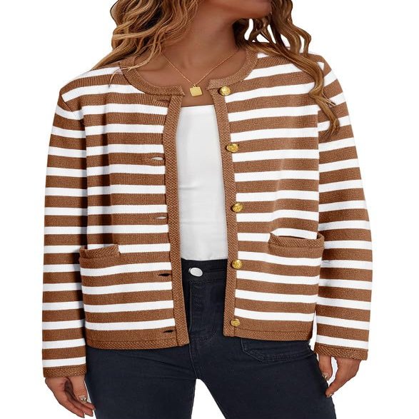 Dokotoo Brown Cardigan Sweaters for Women 2026 Fashion Trendy Loose Casual Fall Clothes Long Sleeve Open Front Long Chunky Cable Knit Striped Cardigan Sweater Winter Outerwear Coat Small