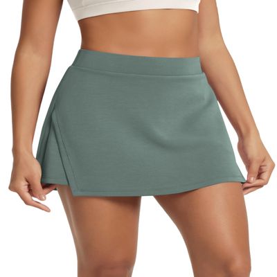 ODODOS Modal Soft Wrap Mini Skorts with Pocket for Women High Waist Asymmetrical Hem Relaxed Shorts, Slate Green, X-Large