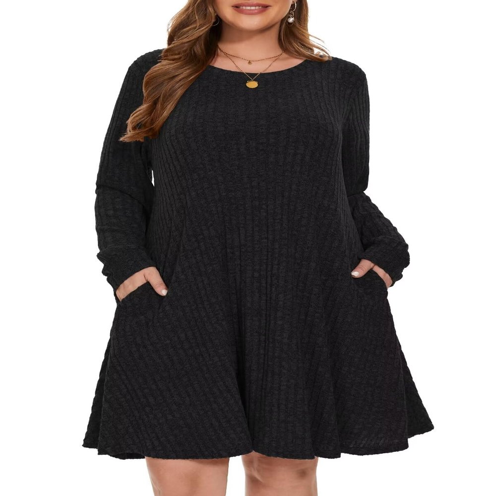 BELAROI Sweater Dress Plus Size Black Dresses for Curvy Women Long Sleeve Crew Neck Casual Tunic Fall Winter Oufits Pockets (5X, Black)