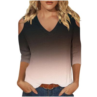 3/4 Length Sleeve Womens Tops Sexy Off The Shoulder Tops for Women Summer V Neck T-Shirt Solid Color/Graphic Tees 2025 Casual Clothes Business Dressy Top Trendy Going Out Shirts Boho Fashion Cute