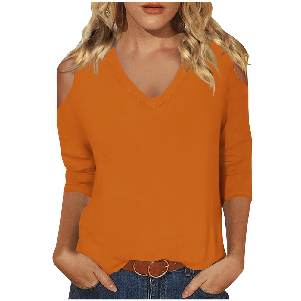 3/4 Length Sleeve Womens Tops Sexy Off The Shoulder Tops for Women Summer V Neck T-Shirt Solid Color/Graphic Tees 2025 Casual Clothes Business Dressy Top Trendy Going Out Shirts Boho Fashion Cute