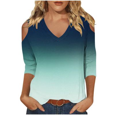 3/4 Length Sleeve Womens Tops Sexy Off The Shoulder Tops for Women Summer V Neck T-Shirt Solid Color/Graphic Tees 2025 Casual Clothes Business Dressy Top Trendy Going Out Shirts Boho Fashion Cute