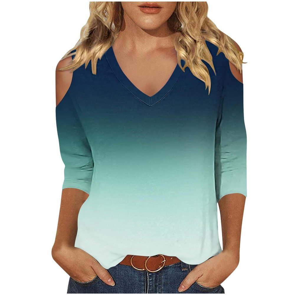 3/4 Length Sleeve Womens Tops Sexy Off The Shoulder Tops for Women Summer V Neck T-Shirt Solid Color/Graphic Tees 2025 Casual Clothes Business Dressy Top Trendy Going Out Shirts Boho Fashion Cute