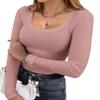 Ekouaer Womens Long Sleeve Shirts Square Neck Slim Fit Basic Tops Ribbed Thermal Undershirts Layering Tee Misty Rose X-Large view 1