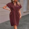 chouyatou Women Elegant Party Business Casual Dress Pencil Short Sleeve Wrap V Neck Bodycon Midi Work Dress (Large,Dark Red) view 3