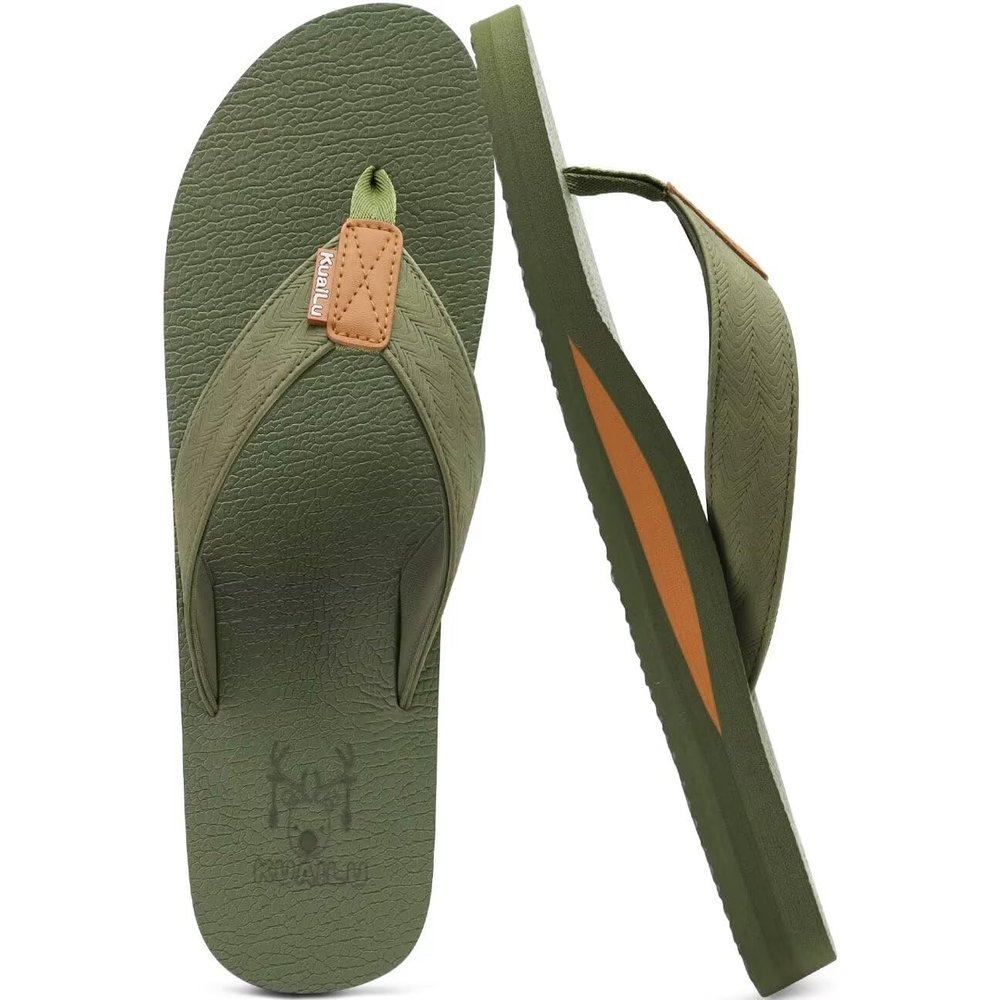 KuaiLu Men's Leather Flip Flops Arch Support Summer Beach Pool Water Thong Sandals Waterproof Rubber Walking Shoes Slip on Orthotic Casual Sport Cushioned Slides Shower Slippers Army Green Size 10.5
