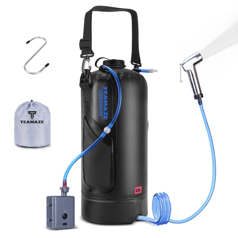 Teamaze Camping Shower,12L Portable Camp Shower Bag with Upgraded Screw Lid, Auto Pressure Pump, Solar Shower, Camping Shower Head for Beach Camping, Hiking, Traveling, Washing