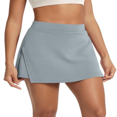 ODODOS Modal Soft Wrap Mini Skorts with Pocket for Women High Waist Asymmetrical Hem Relaxed Shorts, Grey Blue, Medium