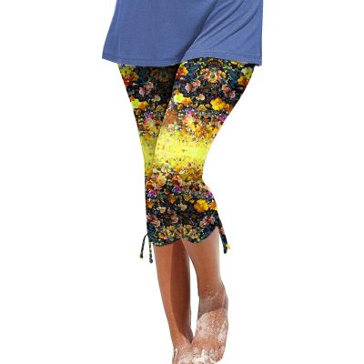NineFit Basics Leggings for Women 2024 Capri Pants Leggings Fitness Tights Workout Print Gym Capri Trousers 3/4 Length Cropped Pants Yellow, XX-Large