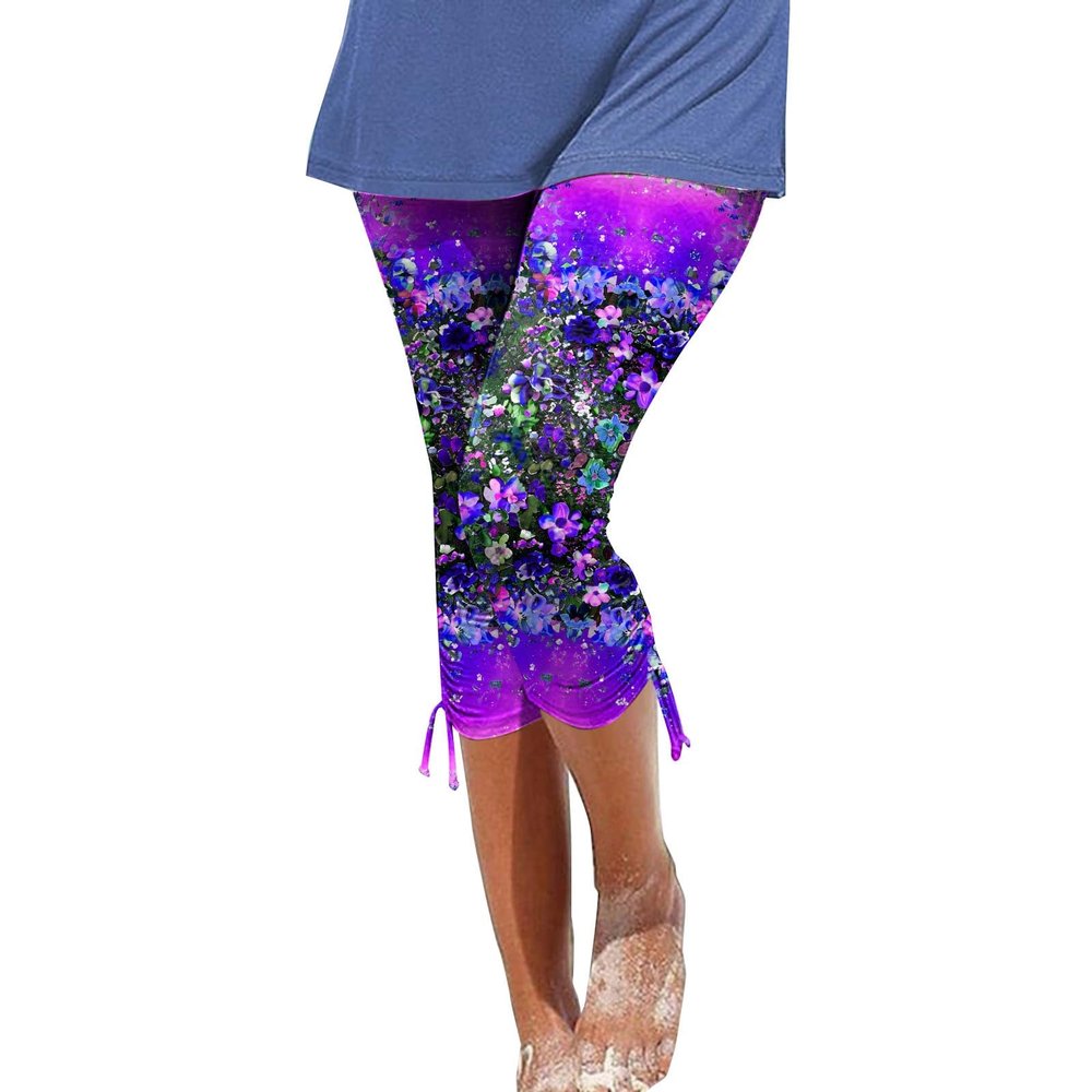 Leggings for Women 2024 Capri Pants Leggings Fitness Tights Workout Print Gym Capri Trousers 3/4 Length Cropped Pants Dark Blue