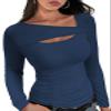 XIEERDUO Long Sleeve Shirts for Women Slim Fit Shirts Sexy Party Tops Y2K Dark Blue L view 1