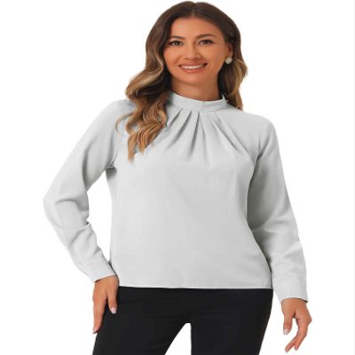 Allegra K Work Blouses for Women Stand Collar Long Sleeve Ruched Dressy Business Casual Work Shirt Large Gray