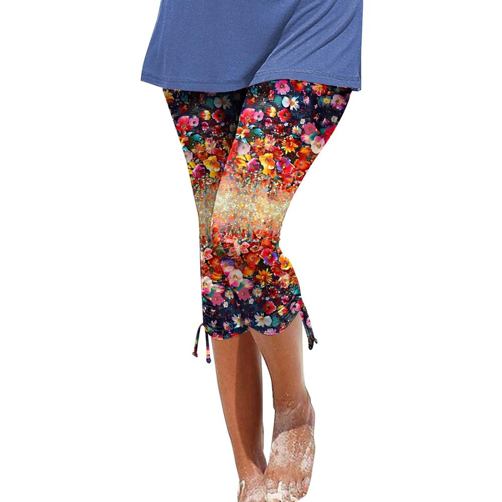 Leggings for Women 2024 Capri Pants Leggings Fitness Tights Workout Print Gym Capri Trousers 3/4 Length Cropped Pants Orange