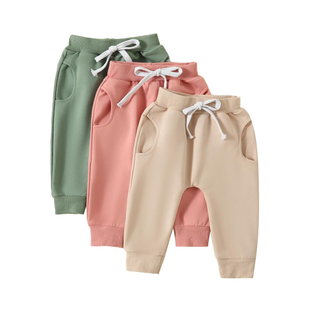 Pivanzore Toddler Baby Boys Girls Sweatpants 3 Pack Solid Color Elastic Waist Bottom Pants Newborn Infant Trousers (Apricot Pink Green, 12-18 Months)