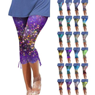 Leggings for Women 2024 Capri Pants Leggings Fitness Tights Workout Print Gym Capri Trousers 3/4 Length Cropped Pants Purple