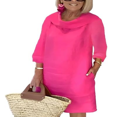 Women Cotton Linen Shift Dress Solid Color Loose Fit Casual Summer Elegant Turltneck Linen Tank Dresses Long Sleeve Petite Midi Length A Line Dress with Pockets, Pink