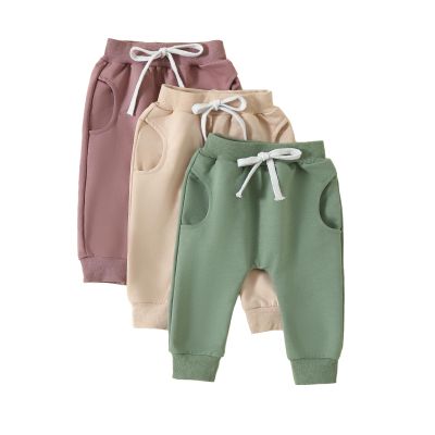Pivanzore Toddler Baby Boys Girls Sweatpants 3 Pack Solid Color Elastic Waist Bottom Pants Newborn Infant Trousers (Green Apricot Purple, 12-18 Months)