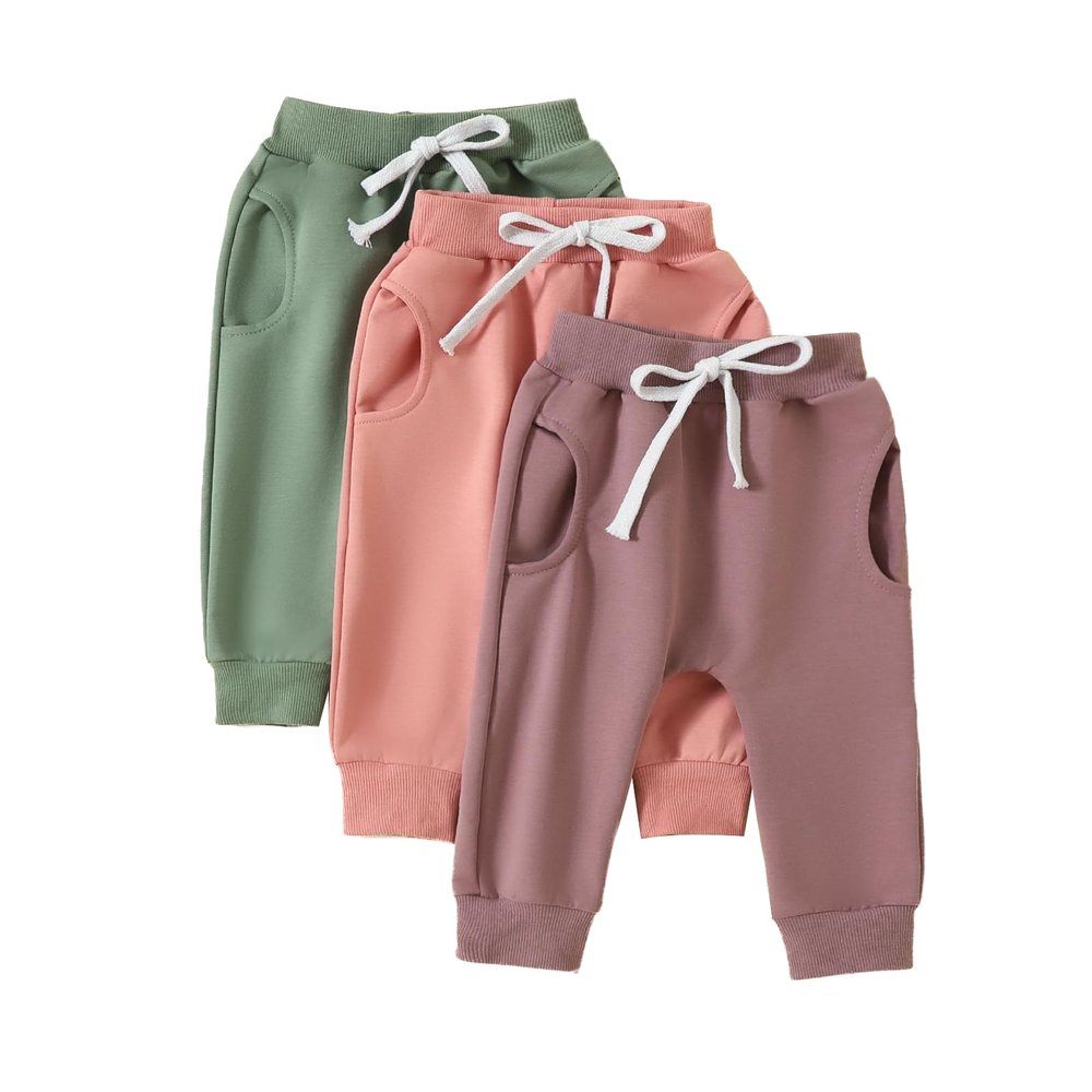 Pivanzore Toddler Baby Boys Girls Sweatpants 3 Pack Solid Color Elastic Waist Bottom Pants Newborn Infant Trousers (Green Pink Purple, 18-24 Months)