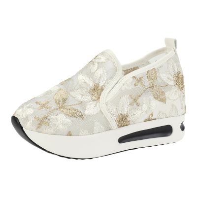 NineFit Basics Platform Wedge Floral Sneakers Shoes for Women Fashion Breathable Slip On Walking Shoes Women's Casual Embroidery Sneakers Comfort Work Shoes Outdoor Travel Hidden High Heels Shoes White, 8