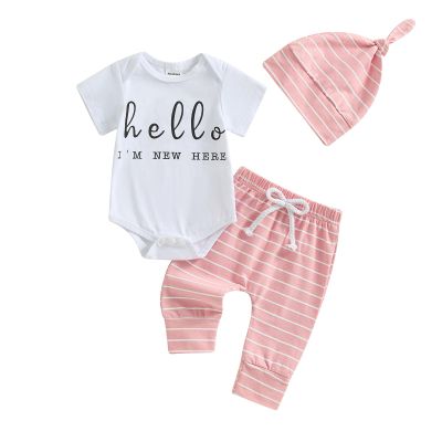 Ursobutegl Newborn Baby Boy Girl Clothes Im New Here Romper Bodysuit Striped Pants Set with Hat Coming Home Hospital Outfits (Pink, 0-3 Months)