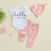 Ursobutegl Newborn Baby Boy Girl Clothes Im New Here Romper Bodysuit Striped Pants Set with Hat Coming Home Hospital Outfits (Pink, 0-3 Months) view 2