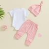 Ursobutegl Newborn Baby Boy Girl Clothes Im New Here Romper Bodysuit Striped Pants Set with Hat Coming Home Hospital Outfits (Pink, 0-3 Months) view 3