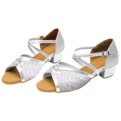 Egmy Toddler Girls Latin Dancing Shoes Low Heel Sequin Kids Ballroom Dance Shoes for Girls Practice Performance Dancing Sandals (Silver, 11.5 Little Child)