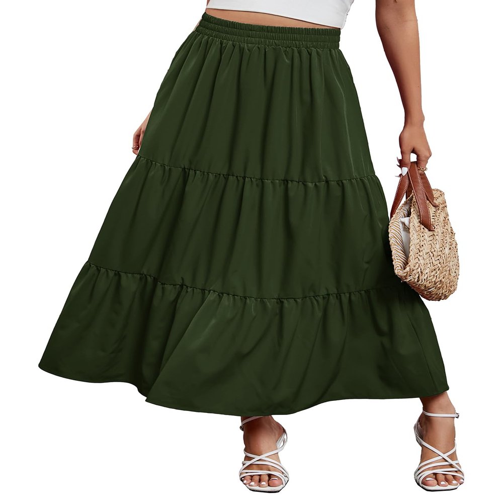 Arolina Maxi Skirt for Women Summer Boho Elastic High Waist Pleated A-Line Flowy Ruffle Swing Tiered Long Beach Skirt Dress Army Green