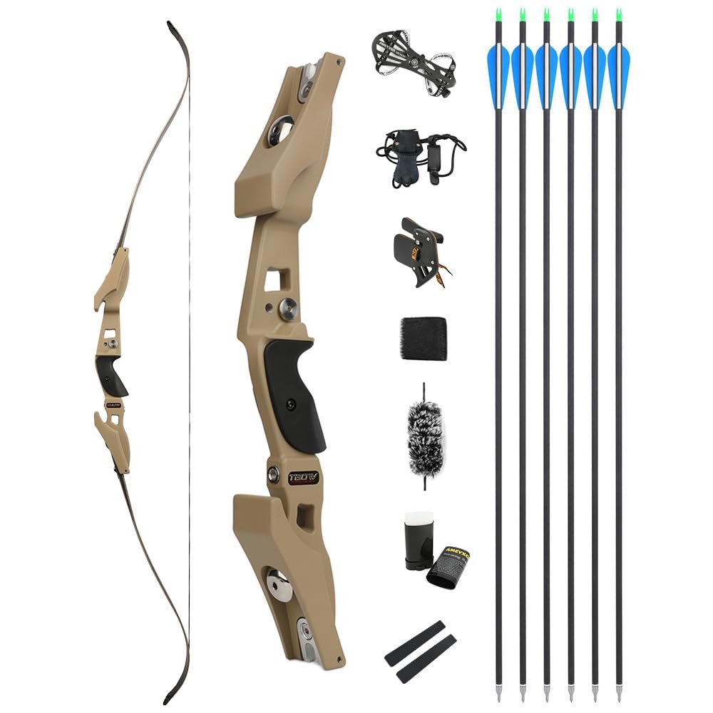 62 Inch ILF American Hunting Bow 25-60Lbs Metal Riser Competition Athletic Recurve Bow for Adult Right Handed Hunting Longbow (Earth, 35 lbs)