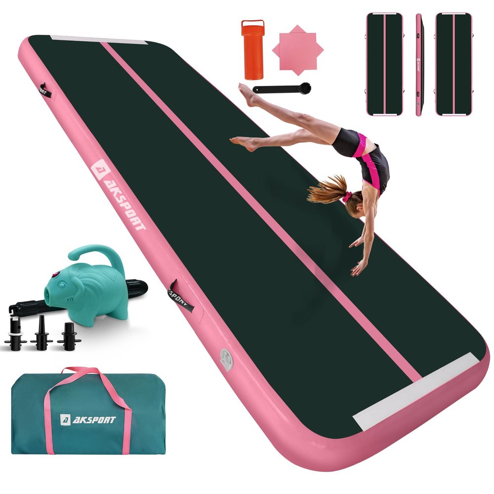 AKSPORT Inflatable Gymnatsics Mat Tumble Track 10ft 13ft 16ft 20ft 23ft Air Tumbling Mat with Air Pump for Home Use/Training/Cheerleading/Yoga