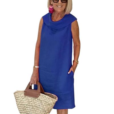 Women Cotton Linen Shift Dress Solid Color Loose Fit Casual Summer Elegant Turltneck Linen Tank Dresses Sleeveless Petite Midi Length A Line Dress with Pockets, Blue